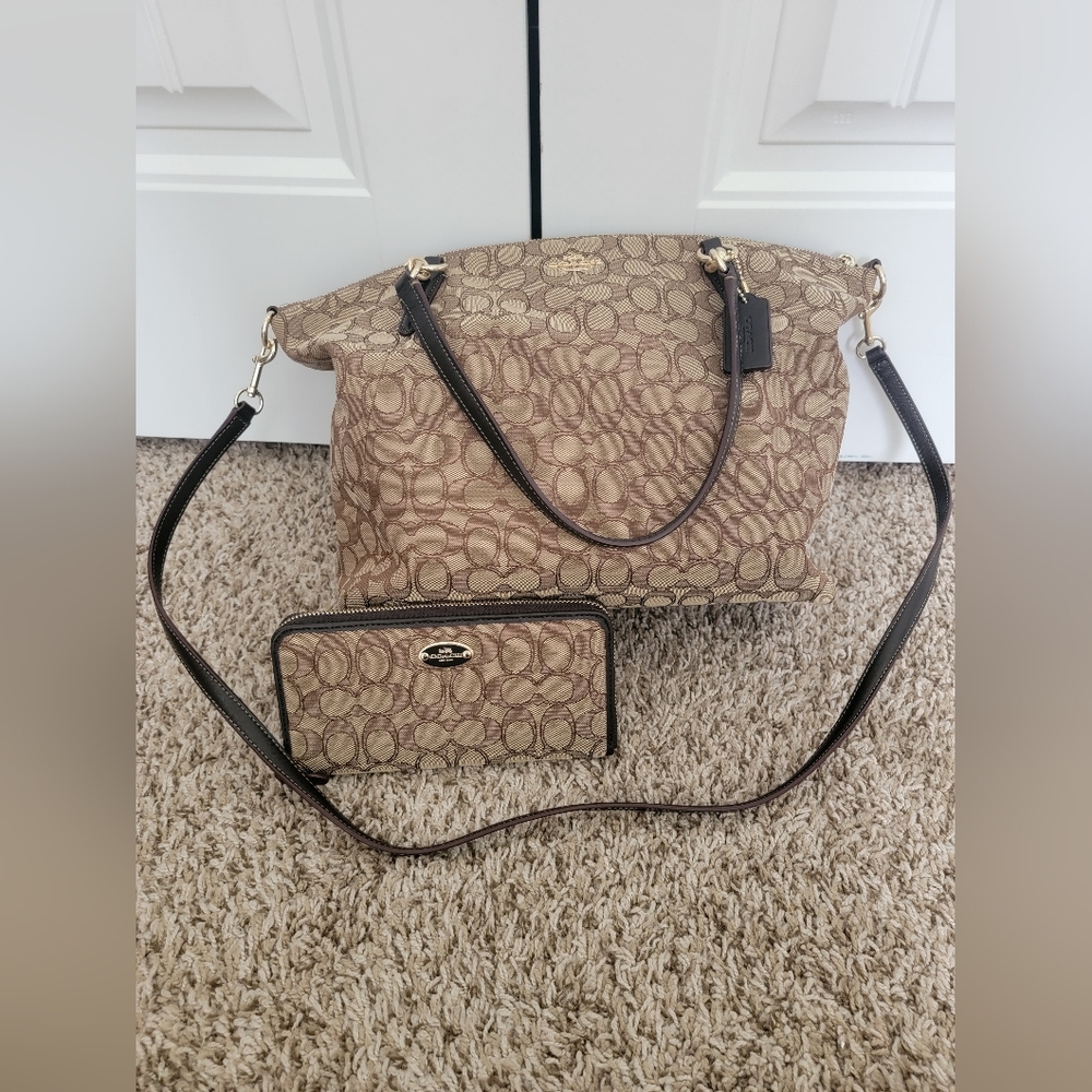 (SOLD) Coach Khaki/brown Signature  Jacquard Tote Bag With Matching Coach Wallet